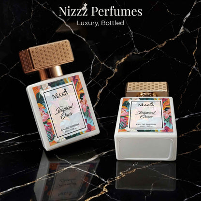 Tropical Oasis Eau de Parfum bottles with floral labels on black marble, luxury bottled fragrance