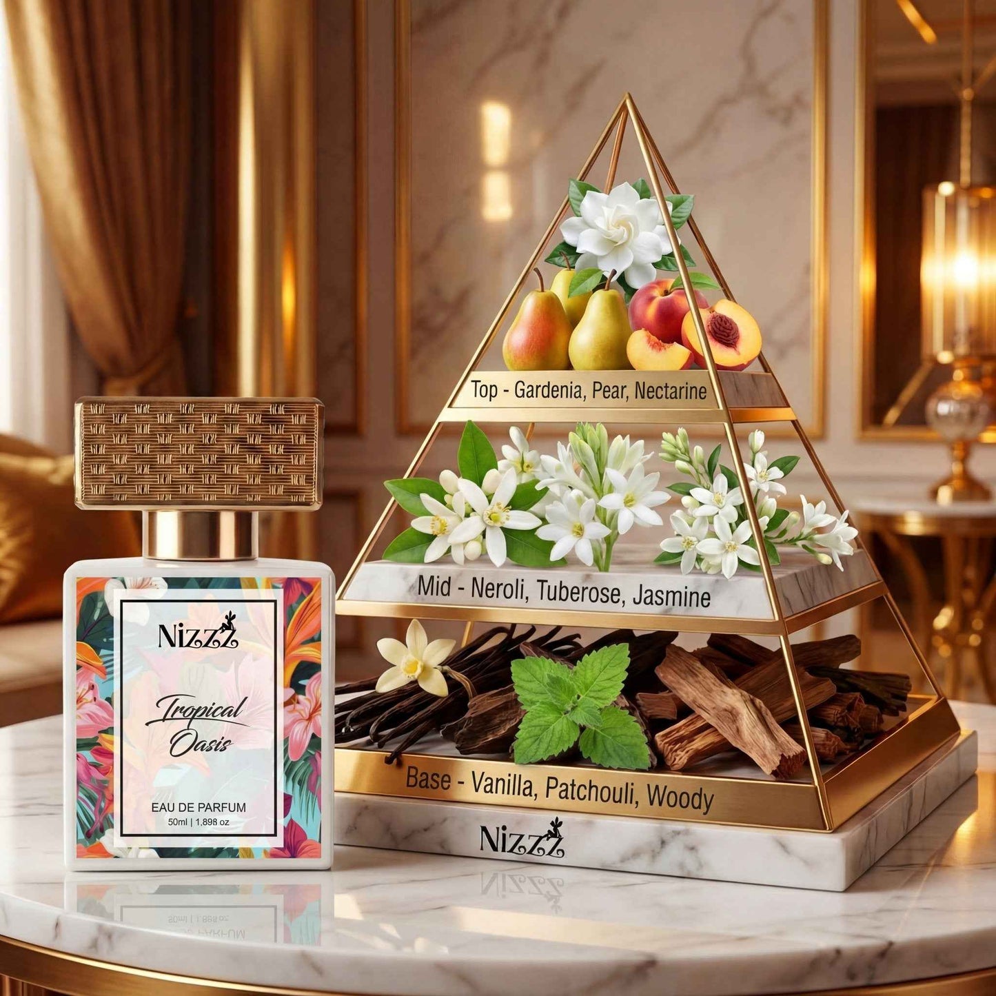 Tropical Oasis Eau de Parfum bottle with fragrance pyramid showing top, mid, and base notes on marble table