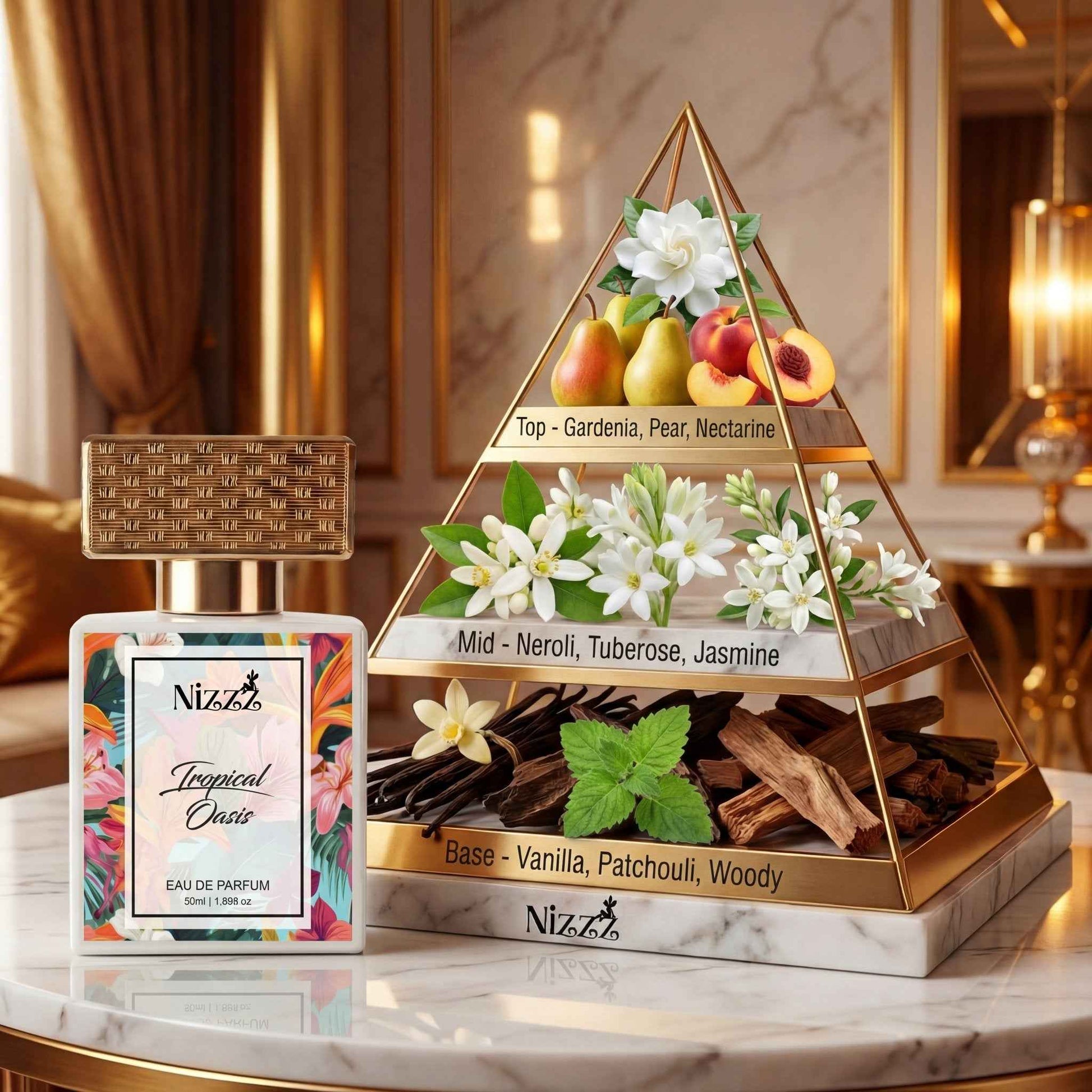 Tropical Oasis Eau de Parfum bottle with fragrance pyramid showing top, mid, and base notes on marble table