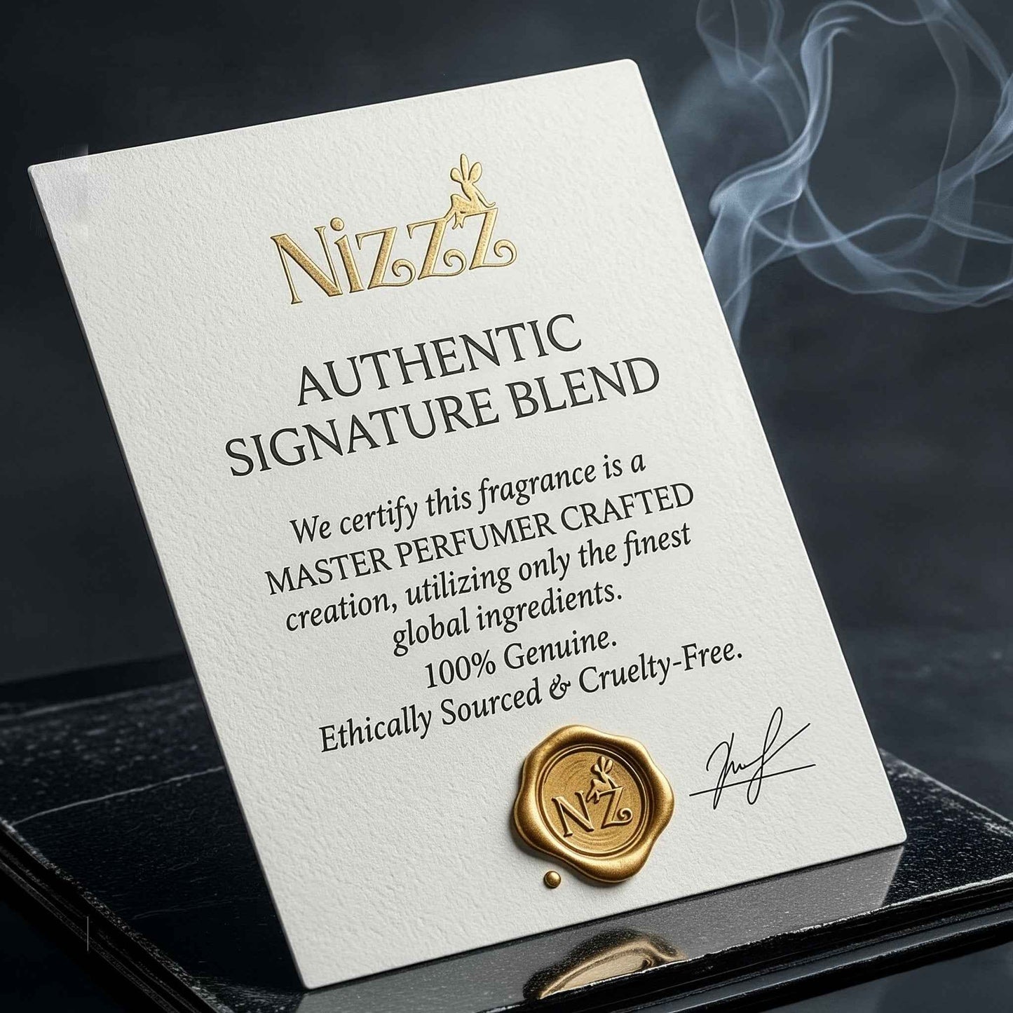 Nizzz Authentic Signature Blend certificate with gold seal, certifying master perfumer crafted, cruelty-free fragrance