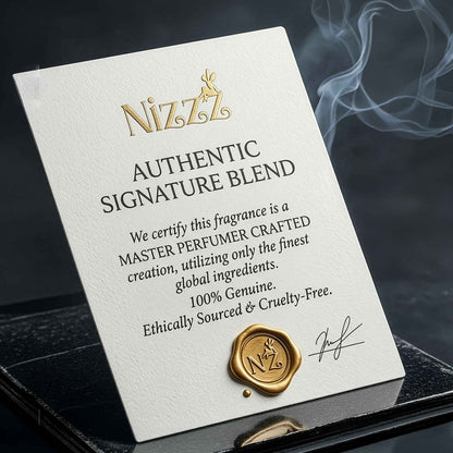 Nizzz Authentic Signature Blend certificate with gold seal, certifying master perfumer crafted, cruelty-free fragrance