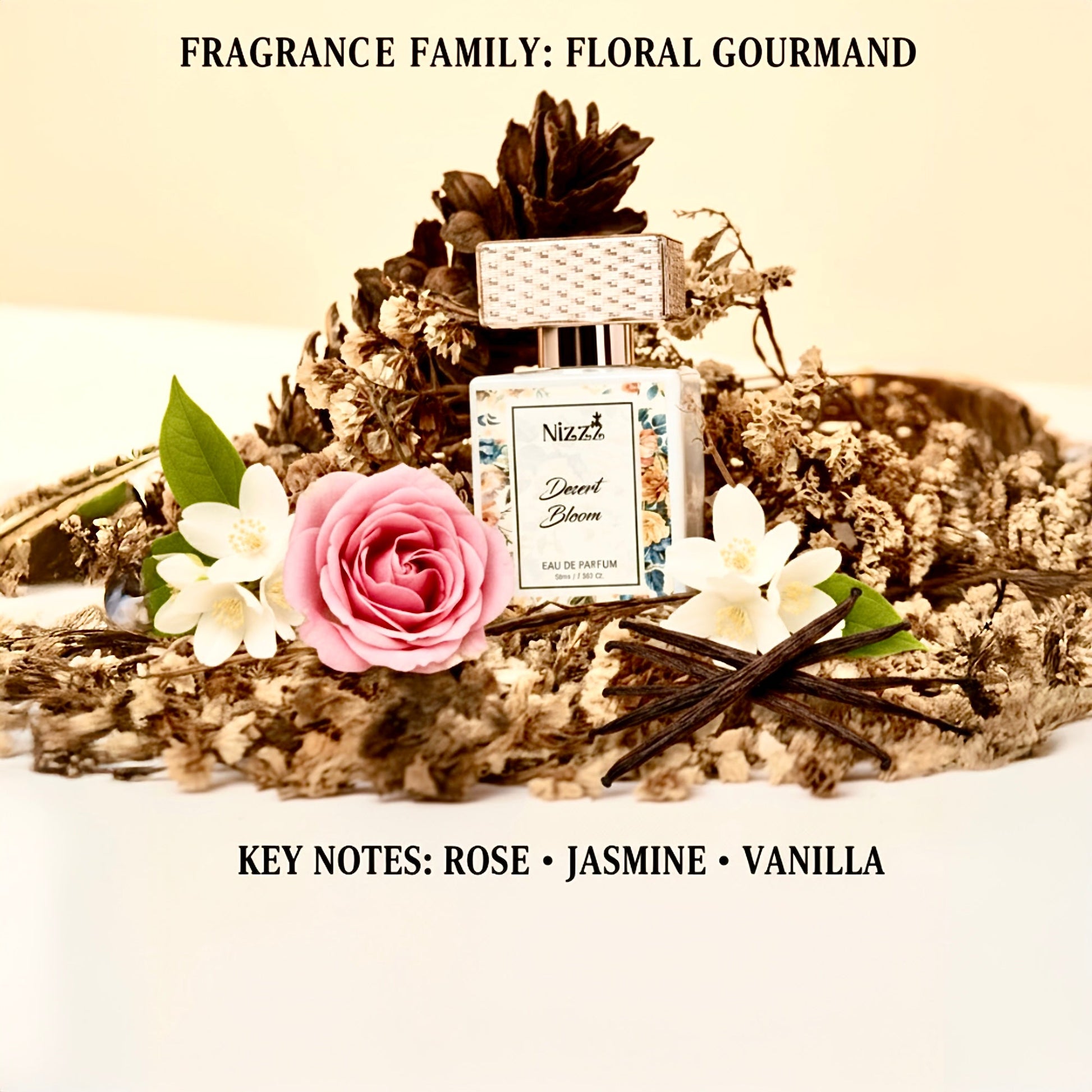 Floral gourmet perfume with rose, jasmine, vanilla notes, surrounded by dried flowers and vanilla beans