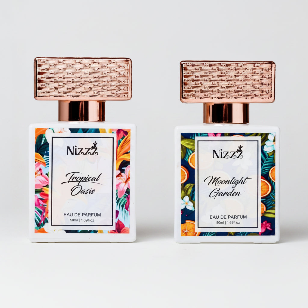 Two Nizzz floral perfumes: Tropical Oasis & Moonlight Garden, 50ml eau de parfum with rose gold caps