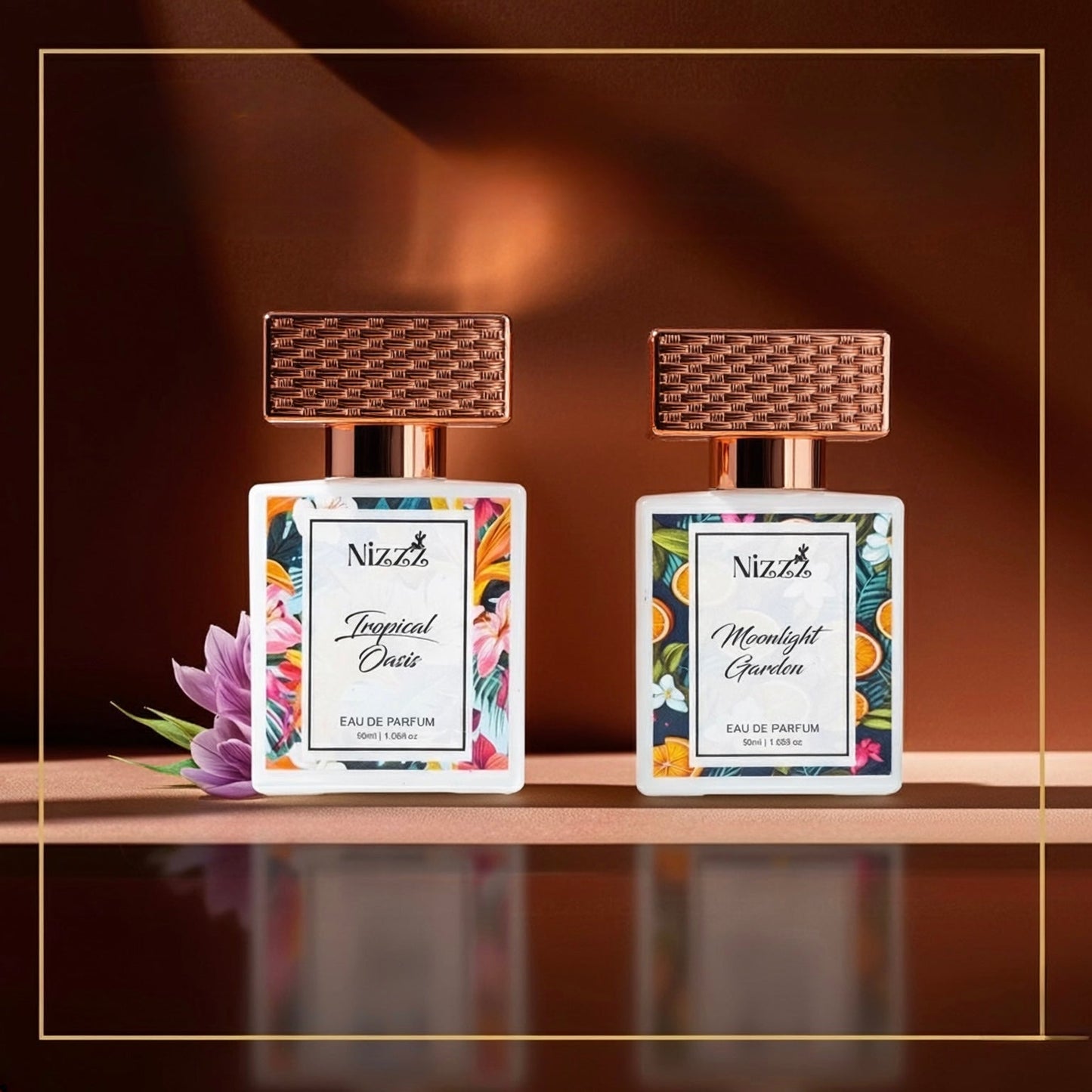 Two Nizzz floral perfume bottles, Tropical Oasis and Moonlight Garden, with woven caps and vibrant labels on reflective surface