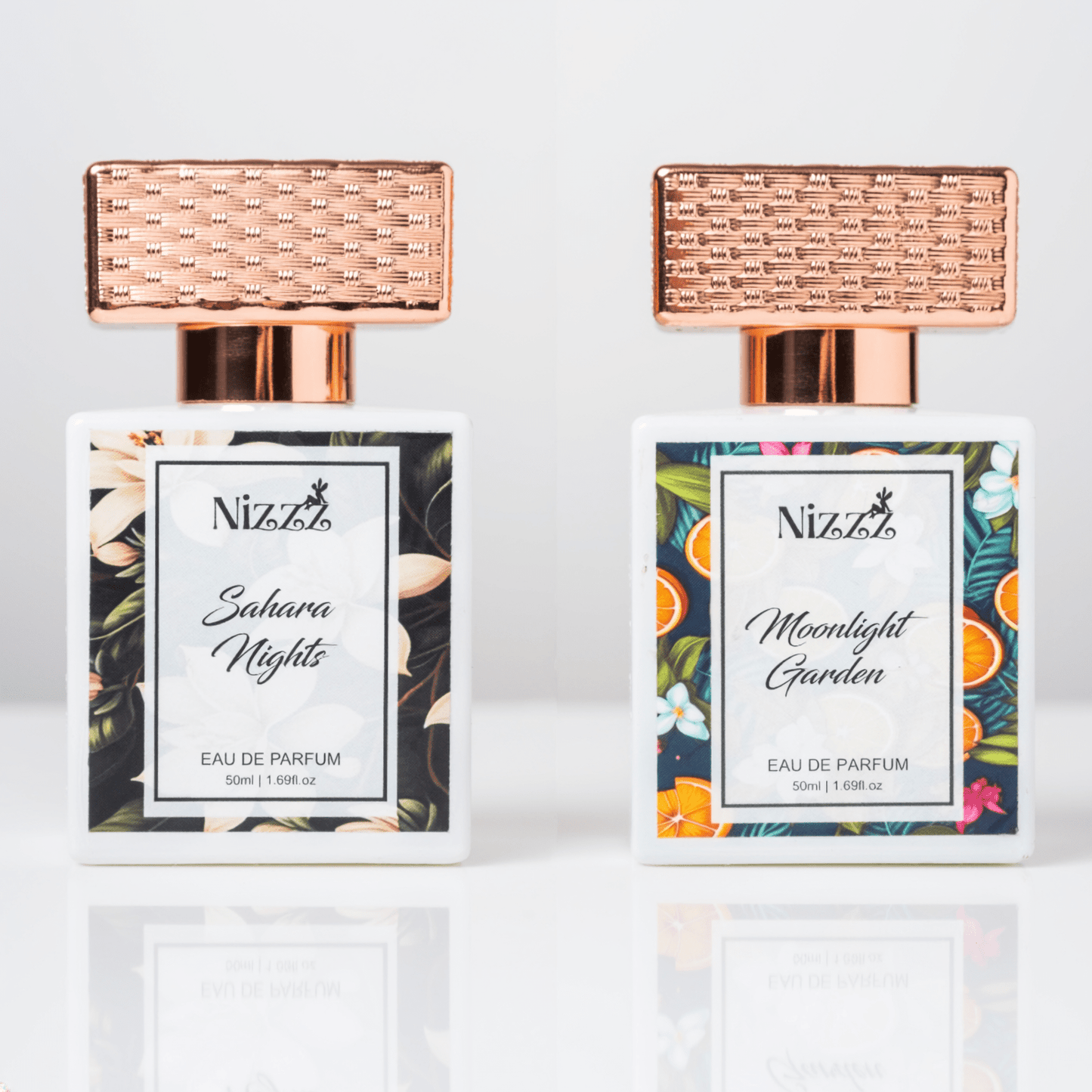 Two elegant floral perfume bottles with rose gold caps, Sahara Nights and Moonlight Garden eau de parfum