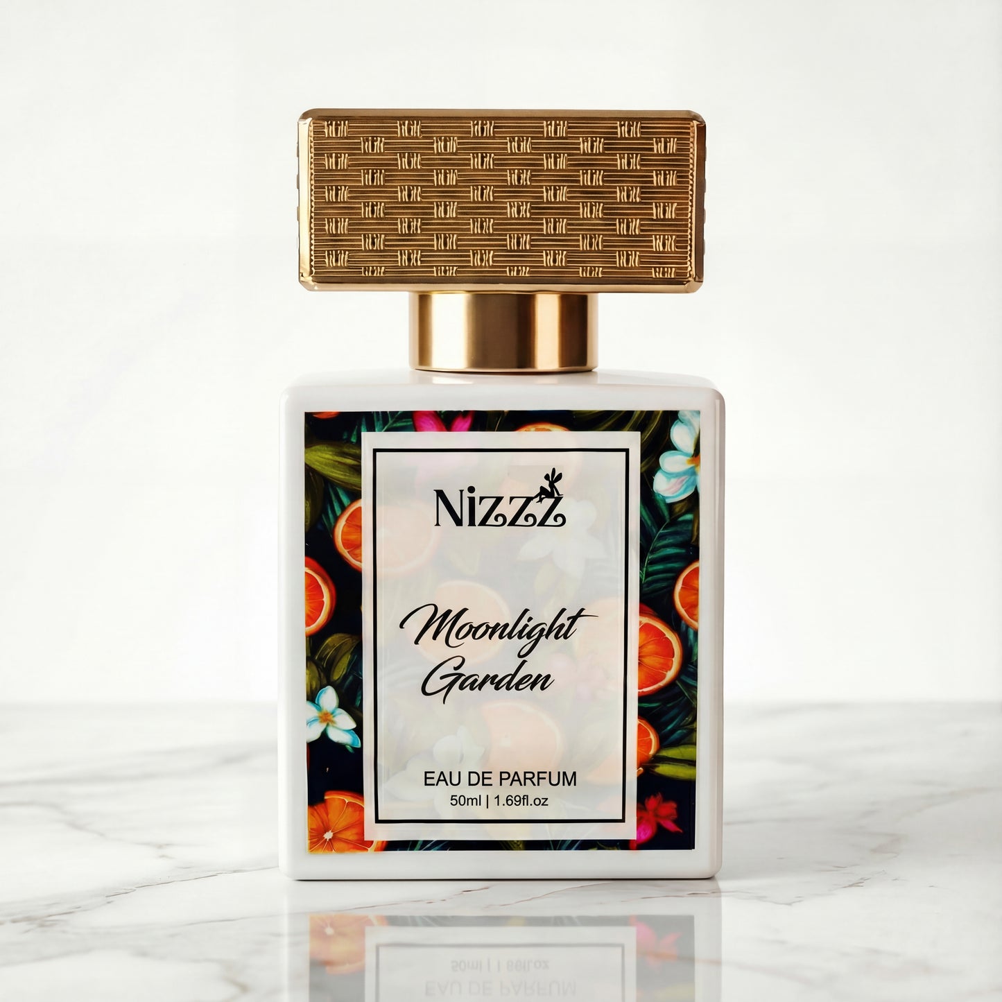 Nizzz Moonlight Garden Eau de Parfum bottle with floral citrus label and gold cap on marble