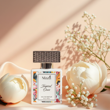 Nizzo Tropical Oasis luxury perfume bottle with floral design on soft pink background