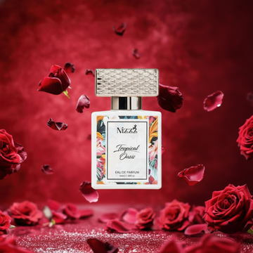 Nizzo Tropical Oasis luxury perfume bottle with red roses on rich red background