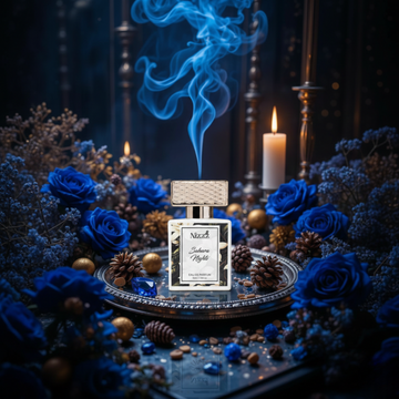 Nizzz sahara night luxury perfume bottle with blue roses on dark cinematic background
