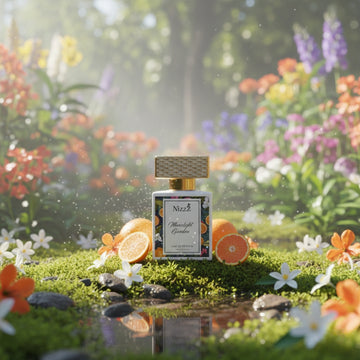 Nizzz Moonlight Garden luxury perfume bottle placed in a lush garden with flowers and citrus fruits