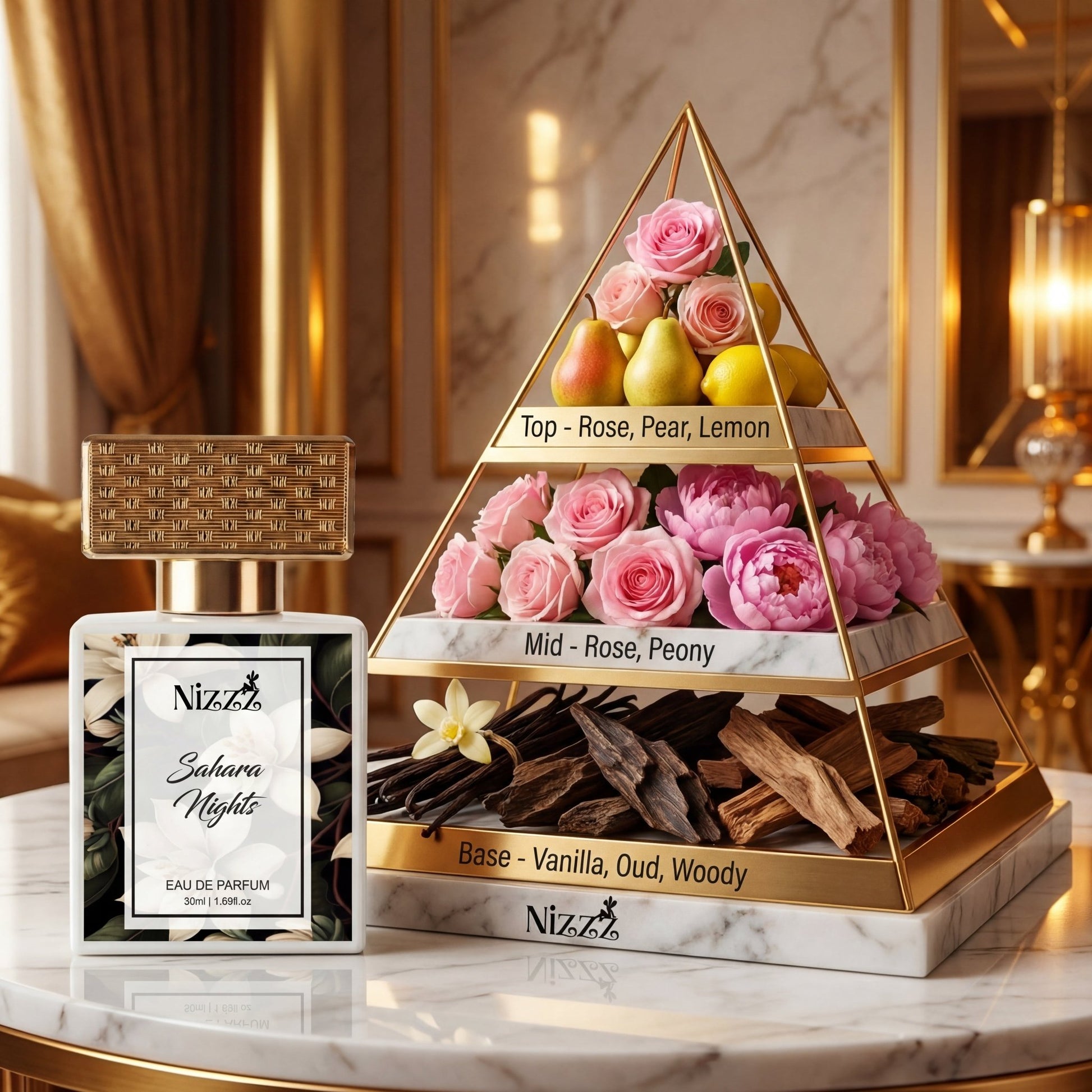 Nizzz Sahara Nights Eau de Parfum bottle beside floral pyramid showcasing rose, pear, vanilla notes on marble table