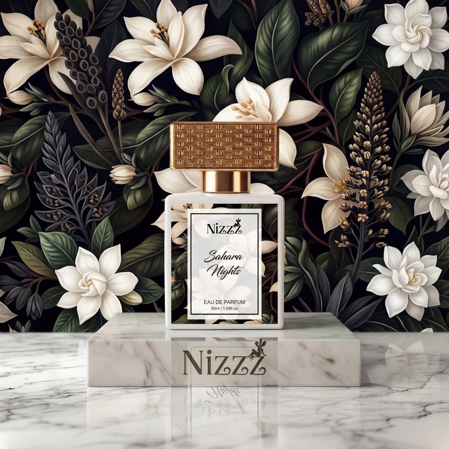 Nizzz Sahara Nights Eau de Parfum bottle with floral backdrop, luxury fragrance for elegance and confidence