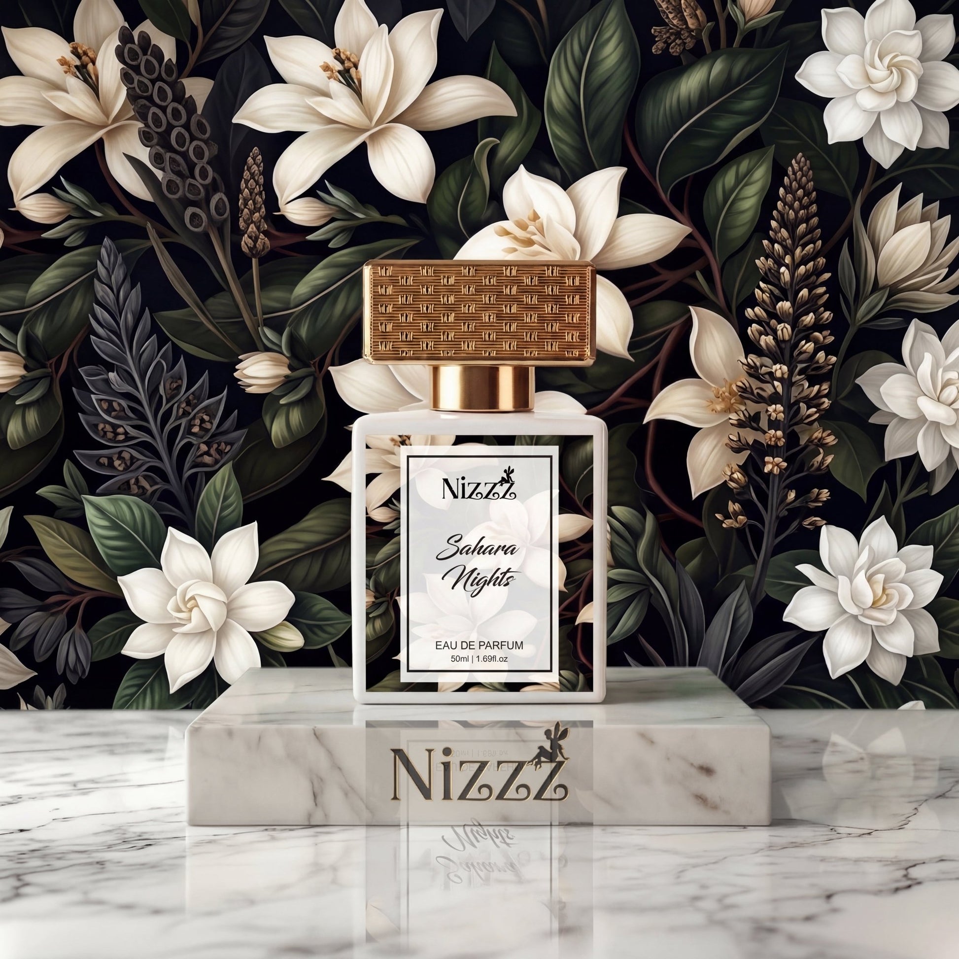 Nizzz Sahara Nights Eau de Parfum bottle with floral backdrop, luxury fragrance for elegance and confidence