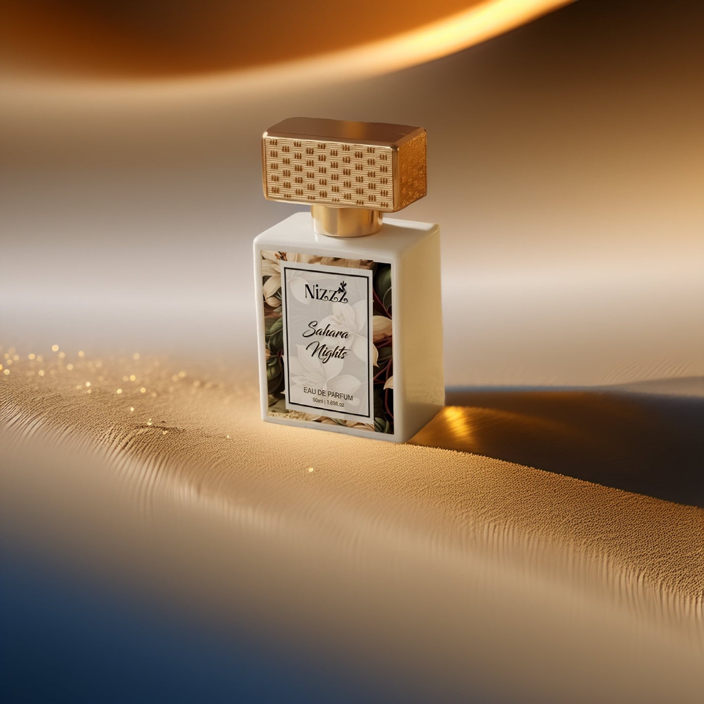 Nizzz Sahara Nights Eau de Parfum bottle with gold cap on textured golden surface, floral design label