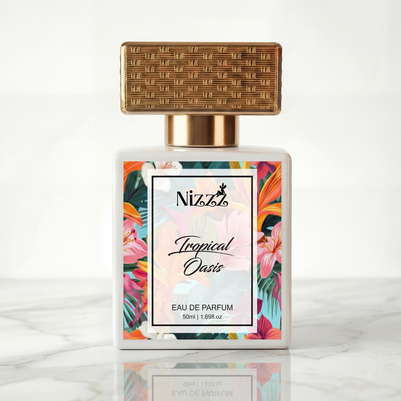 Nizzz Tropical Oasis Eau de Parfum bottle with floral label and gold cap on marble surface